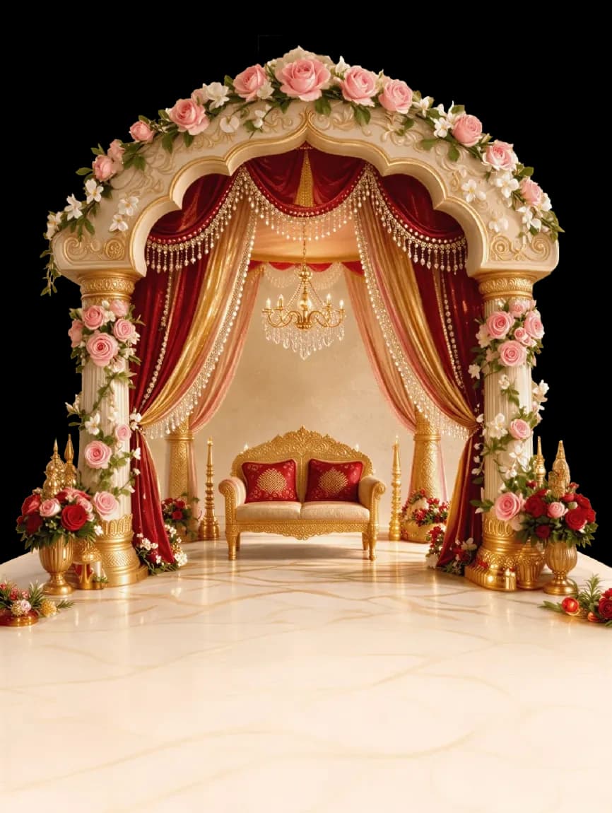 A mandap draped in roses and red silk
