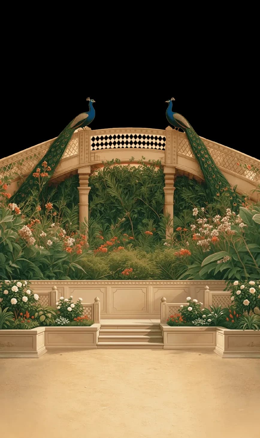 Peacocks on a lattice bridge in a garden
